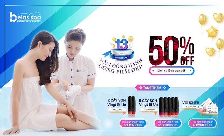 Belas ưu đãi 50% tất cả các dịch vụ làm đẹp kỷ niệm 13 năm thành lập